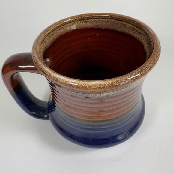 Classic Handmade Stoneware Drip Glaze Mug Brown Blue 1970s Ribbed Texture VTG - Picture 8 of 12